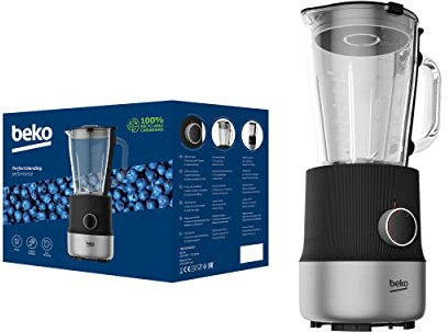 BEKO, Blender, Puissance : 800 W, Bol verre 1,5 L résistant à la chaleur, 6 vitesses, 4 lames, Démontage facile, Rangement cordon, Pieds antidérapants, Noir et Inox