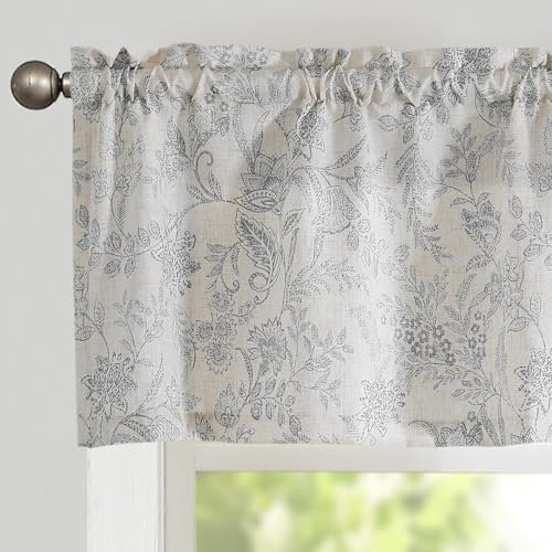 TOPICK Scheibengardine Leinen Vorhang Blumen Bedruckt Bistrogardine Halb Transparent Gardine Scheibengardinen für Küche Wohnzimmer Landhaus (H40 x B125(cm)-1 Stück, Grau auf Beige)