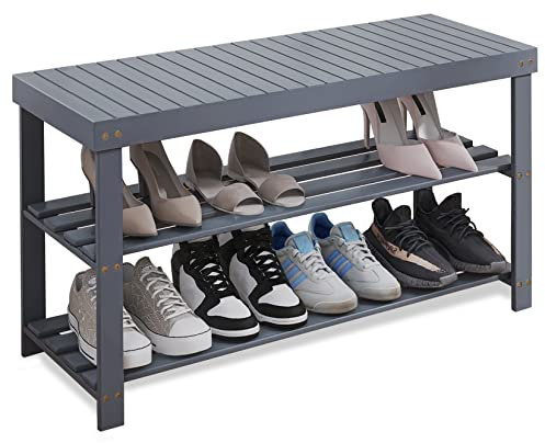 SMIBUY Bamboo Shoe Rack Bench, 3-Tier Shoe Organizer Storage Shelf for Entryway Hallway Bathroom Living Room (Grey)