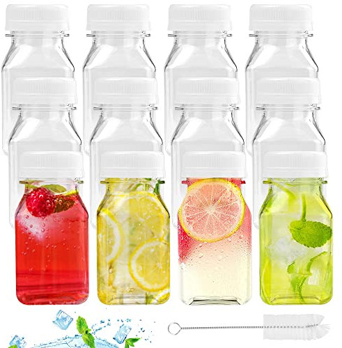 CAEEKER 12 PCS Plastic Juice Bottles 4oz/ 120ml Mini Empty Juice Bottles Reusable Clear Drink Containers with Tamper Seal Lids, Funnel, Brush for Smoothie Juice Beverages Milk Coffee (White Lids)