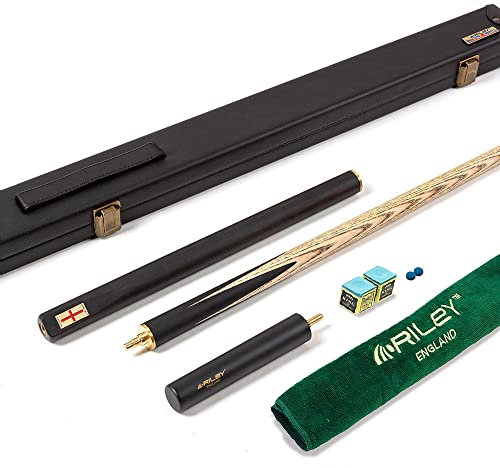 Riley England Snooker-Queue und Hartschalenkoffer, 3/4-Schnitt, Ebenholz-Hintern mit 9,5 mm Spitze, 145 cm, Schwarz/Ahornholz (RES-7 Design)