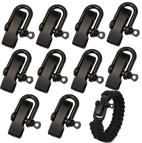 Schleifenschäkel aus Edelstahl, schwarz, verstellbare U-Schnalle, Clip für Paracord-Armband, Handgelenkschlaufe, vielseitige und langlebige U-Schäkel für Überleben im Freien, 10 Sets