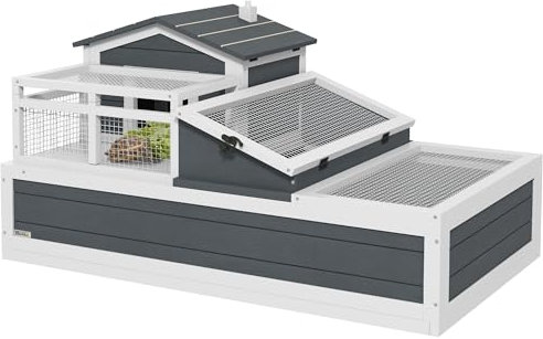 PawHut Tortoise House 3-Room Wooden Tortoise Enclosure Large Reptile Cage with 2 Stories, Ladder, Balcony, Tray, Openable Roof, 59H x 112L x 65Wcm, Dark Grey
