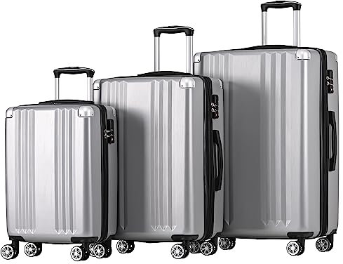 Merax Koffer Set 3-teilig, Hartschalen-Koffer Trolley Rollkoffer Reisekoffer Handgepäck, TSA Zollschloss, 4 Rollen, Teleskopgriff, ABS-Material, M-L-XL, Silbergrau