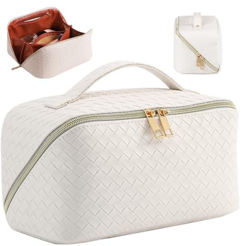 Grande Trousse de Toilette Femme Voyage Capacité,Pochette Trousse Maquillage Voyage XXL en Cuir PU,Makeup Bag Organizer Trousse Rangement Maquillage pour Femmes Fille(Tissé-Blanc)