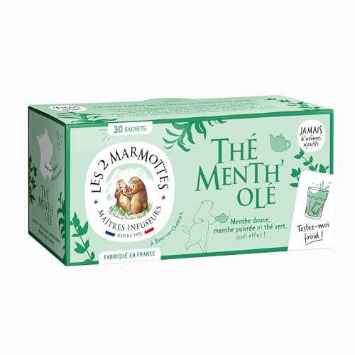Les 2 Marmottes Thé Menth'olé - Thé vert 100% BIO à la menthe douce et poivrée - Vitalité et Fraicheur - Pour Le Petit-Déjeuner - Froid ou Chaud - Made In France - Sans arômes ajoutés - 45g