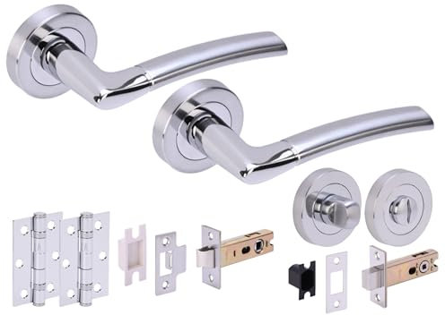 Hunta HANDLEZONE® Neemo Door Handles on Rose Bathroom Deadbolt Pack with Ball Bearing Hinges - Dual Finish Polished/Satin Chrome