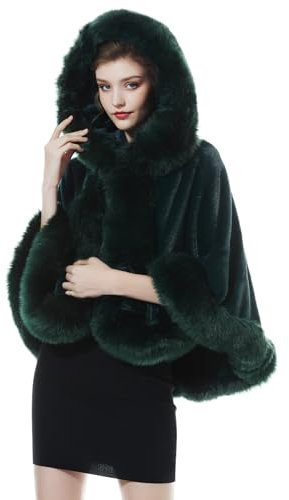 BEAUTELICATE Cape à Capuche Fourrure Poncho Châle Étole Capuchon Manteau Courte de Femme Hiver Mariage Mariée Demoiselle d'honneur Soirée Noël(Taille Unique, Vert Foncé)