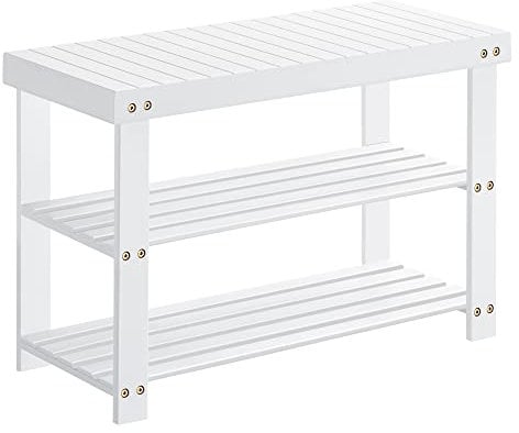 SONGMICS Schuhbank, Schuhregal mit 3 Ebenen, Schuhablage aus Bambus, bis 130 kg belastbar, 28,7 x 70,1 x 45,3 cm, für Flur, Badezimmer, Schlafzimmer, weiß LBS004W01