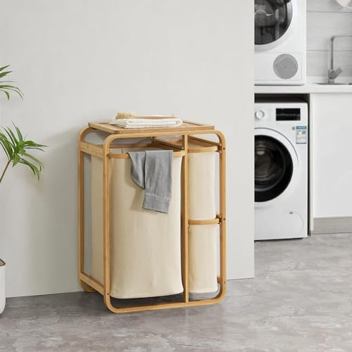 [en.casa] Panier à Linge avec 3 Sacs à Linge sur Rails Coulissants Meuble à Linge Stylé Corbeille pour Vêtements Sales Bambou 71 x 50 x 33 cm Naturel Beige