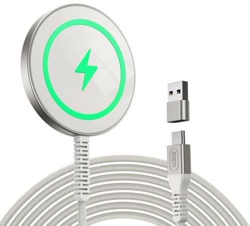 ESR HaloLock Mini Cargador Inalámbrico, Cargador Compatible con MagSafe, Compatible Serie iPhone 16/15/14/13/12, AirPods 4, Fuerte Bloqueo Magnético, Cable de Nailon Trenzado Reforzado, Titanio