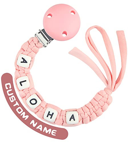 Kowlone Schnullerkette Baumwolle mit Namen Jungen mädchen Personalisiert Geflochten Schnullerketten Clips für Baby Neugeboren(Rosa)