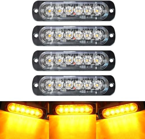 Biutee 4Pcs Luz Estroboscópica Ultrafino de 6 LED, Luces Delanteras Naranjas 12-24V,Luz de Emergencia,18 Modos de Flash para Coche, Vehículo, Camión,Remolque,Caravana,Motocicleta,Van