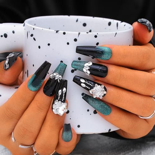 Sethexy Cat Eye Green Handmade Press On Nails Long Coffin Rhinestone False Nails with Design Acrylic Glossy Salon Fake Nail for Women and Girls 10PCS (Green1)