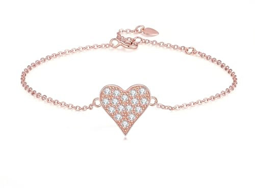 GAVU Bracelet Argent 925 Femme, Bracelet Cœur Or Rose, Bracelet Cœur Amoureux pour Anniversaire/Saint-Valentin