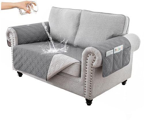 Hggzeg Sofabezug 2-Sitzer, wasserdicht und rutschfest, Sofaschoner Schonbezug mit Seitentasche, waschbarer Sofaschoner für Kinder/Haustiere (Grau)