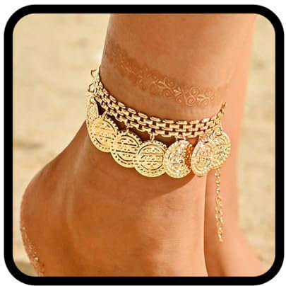 Zoestar Boho Bracelet de cheville pièces d'or gland perlé chaîne de pied de plage pour les femmes