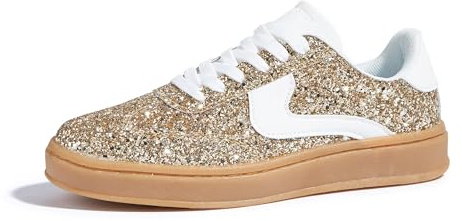 LUCKY STEP Women's Glitter Sneakers Fashion Retro Casual Sparkly Bling Shiny Dressy Bedazzled Bridal Wedding Anti Slip Walking Shoes (Gold/White, 6US-36EU-3UK)