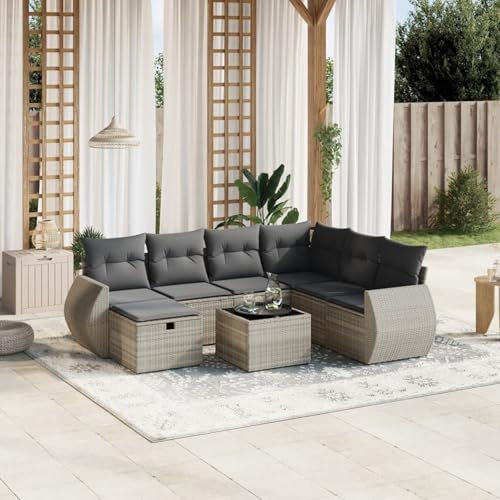 Homgoday Gartenmöbel-Set 8-teilig mit Kissen hellgrau Polyrattan, Möbel Set Schlafsofa Wohnzimmer Couch, Set Sofa für den Außenbereich, Typ 3264158