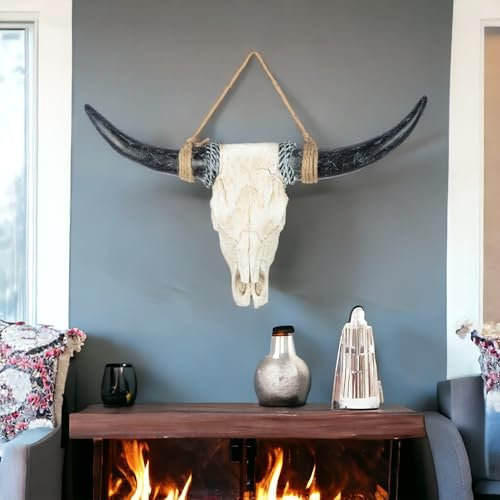 Casablanca Geweih Deko Büffel Kopf – Stierkopf Wanddeko Tierschädel Deko aus Poly Schwarz Weiß - Schädel Deko zum Aufhängen - Breite 80 cm Höhe 56 cm