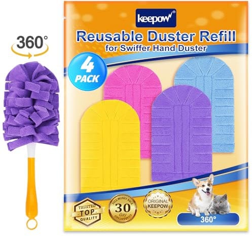 KEEPOW Washable for Flash Dust Magnet Refill, Microfiber Dusters for Flash Duster Refills, Dusters for Cleaning, Efficient Feather Duster for Swiffer Duster Refills, Reusable Duster on a Stick, 4 pack