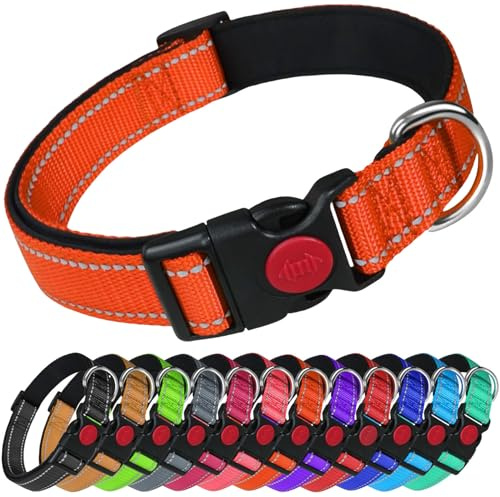 LARRYROO Reflective Dog Nylon Collar | Slide Lock Safety Buckle | Fully Adjustable | Soft Neoprene Padding (Orange, Extra Large (45cm - 70cm Neck))