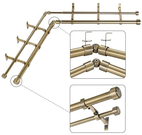 Mayrhyme Gardinenstangen für Doppeleckfenster, Antik-Bronze, mit Aluminium-Endkappen-Endkappen und Halterungen, 2,5 cm Durchmesser, doppelte Erkerfenster-Gardinenstangen, verstellbar, 2-seitig, 81,3
