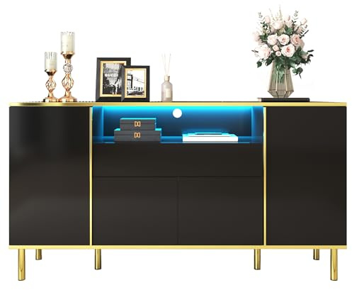 Sideboard mit LED-Beleuchtung und Türen, 150cm, Wohnzimmerschrank, Mehrzweckschrank, Küchenschrank, Schrank (schwarz)