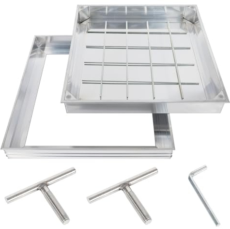 Recessed Manhole Cover and Frame Overall Size 400x400mm Aluminium Alloy Invisible Inspection Chamber Cover Square Embedded Metal Sewage Manhole Lid with Handles for Patios Garden Courtyards Basement