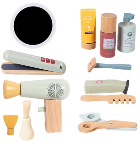 Ensemble de jouets de salon de beauté Wood Kids - Le jeu de simulation de coiffure, accessoires de maquillage, sèche-linge de simulation, outils de lisseur, jeu de rôle interactif | Girls Creative Fun