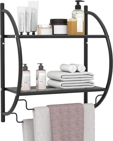 GOPLUS Étagère Salle de Bain, Porte-Serviettes Suspendues Murales, en Chromé Inoxydable, avec 2 Tablettes et 2 Porte-Serviettes, 45X25.5X55CM (Noir)