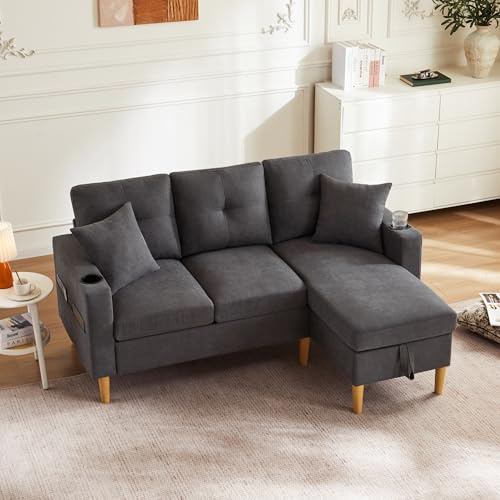 Luscriate L-förmiges Ecksofa mit Stauraum & Getränkehalter, 3-Sitzer Sofa mit Chaiselongue, modernes Wohnzimmersofa für Wohnung & Büro, inkl. Kissen (Dark Grey1, 3-Sitzer)