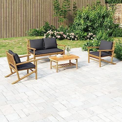 Hoopleep Lot de 4 meubles de jardin en bambou naturel avec coussins gris foncé, meubles d'extérieur robustes pour terrasse et balcon, sensation d'assise confortable