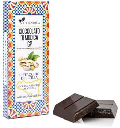 Ciokarrua® | Cioccolato Modica IGP Pistacchio | Cioccolato Grezzo Lavorato Freddo Senza Lattosio | Tavoletta Cioccolata Senza Glutine - 80 Gr