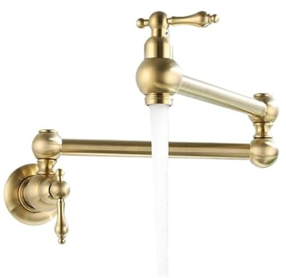 Pot Filler Faucet, Wall Mounted Single Cold Water Tap with Folding Spout for Kitchen Sink, Brushed Gold Brass, Antique Chrome Finish
