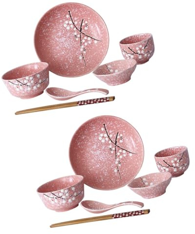 QUMIIRITY Ensemble de Vaisselle Japonaise 12 Pièces Kit de Couverts en Céramique Rose pour Manger Riz et Soupe Élégant pour Famille Hôtel et Restaurant
