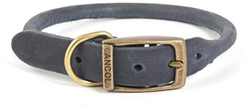 Ancol Timberwolf Bonded Thread Leather Round Dog Collar - Blue - Soft Leather Design with Antique Gold Buckle - Reduces Fur Flattening - 45-54cm Size 6