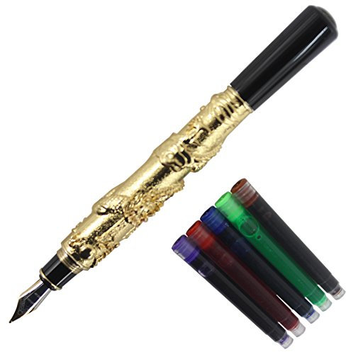 Gullor chinesischen Drachen antikem Silber basso-relievo Füllfederhalter ursprünglichen Feder-Beutel-Geschenk-Box Patrone set - golden