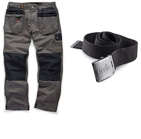 Scruffs Men's Worker Plus Trousers Graphite Grey and Clip Belt Work Utility Pants, 34W