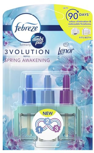 Febreze 3 Volution - Recambio de ambientador enchufable de 20 ml Spring Awakening, 3 aromas alternantes para limpiar los olores, 6 x 20 ml