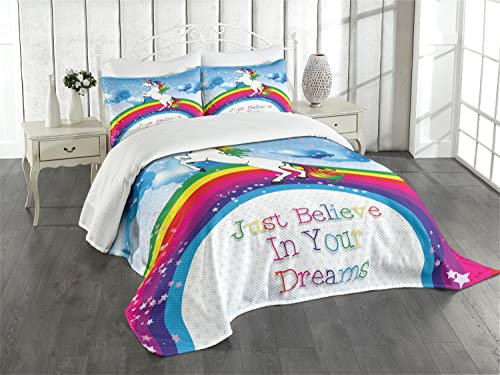 ABAKUHAUS Einhorn Tagesdecke Set, Einhorn Regenbogen-Fantasie, Set mit Kissenbezügen Waschbar, für Einselbetten 170 x 220 cm, Mehrfarbig Blau