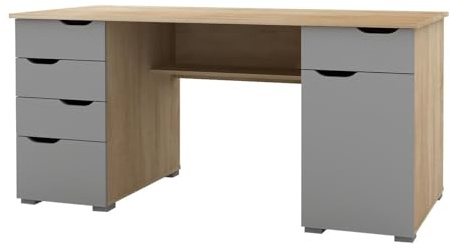 Alphason Kentucky AW1374LO Sturdy Wood Effect Desk with 4 Stationery Drawers and Large Storage Drawer, Light Oak and Grey Gloss, 750x1600x670mm