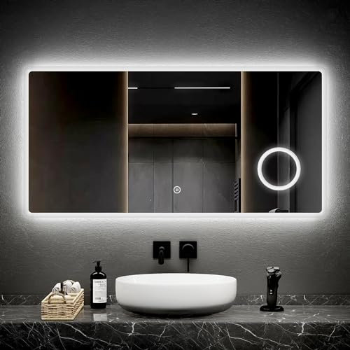 EMKE LED Badspiegel mit Beleuchtung 120x60cm Badezimmerspiegel kaltweiß Lichtspiegel Wandspiegel mit Touchschalter+3-Fach Vergrößerung Schminkspiegel IP44 energiesparend