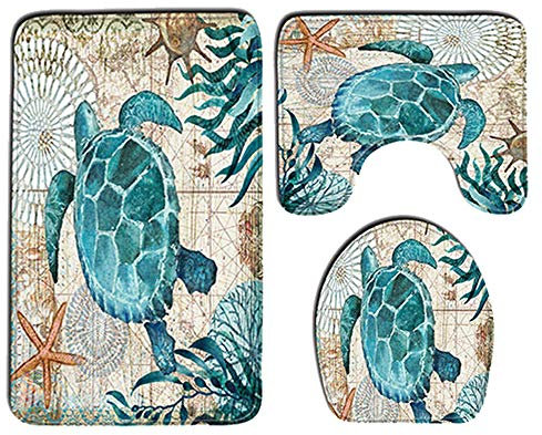 3-teiliges Badvorleger-Set Duschmatte + Konturmatte + WC-Deckelbezug, Morbuy Weihnachtsmann rutschfeste Badvorleger für Küche, Meerestier (Schildkröte)
