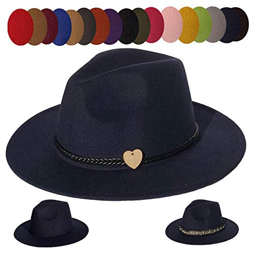 JK Home Wide Brim Fedora Hat - Felt Panama Cap - 2pcs Adjustable Bands - Vintage Style Cosplay Navy Blue