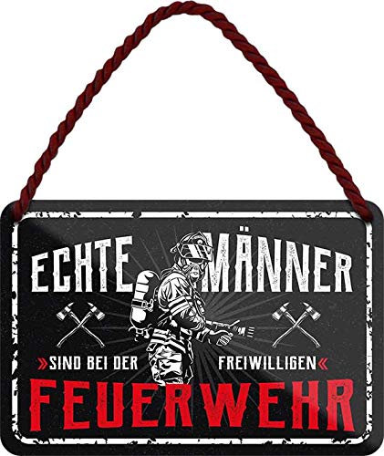 Blechschilder Feuerwehr Spruch: “ECHTE MÄNNER SIND BEI DER FREIWILLIGEN Feuerwehr“ Deko Schild Metallschild Hängeschild Geschenk zum Geburtstag oder Weihnachten für alle Feuerwehrmänner 18x12 cm