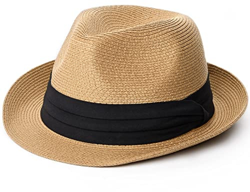FURTALK Fedora Straw Sun Hat for Men Women Foldable Short Brim Trilby Hat Panama Beach Hat UPF 80+ Khaki