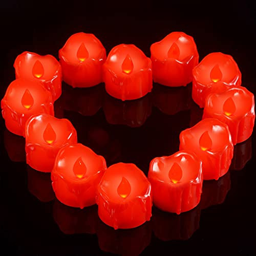 Ymenow LED Teelichter mit Timer, 12 Stück Elektrische LED Kerzen Rot Flackernde Flamme Lange Brenndauer mit Timerfunktion für Hochzeit Silvester Deko 2024 Wohnzimmer Tischdeko Weihnachten, Rot