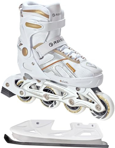 Raven Pulse Inline Skates Inliner für Kinder und Erwachsene OPTIONAL 2in1 mit Schlittschuhen verstellbar (White/Gold mit Kufen, 37-40 (23,5-26cm))