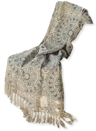 Loberon Plaid Eolain, reizendes Boheme-Muster, weiche Haptik, dekorative Fransen, Wohntextilien, Wohndecke, Tagesdecke, Baumwolle, blau/Creme